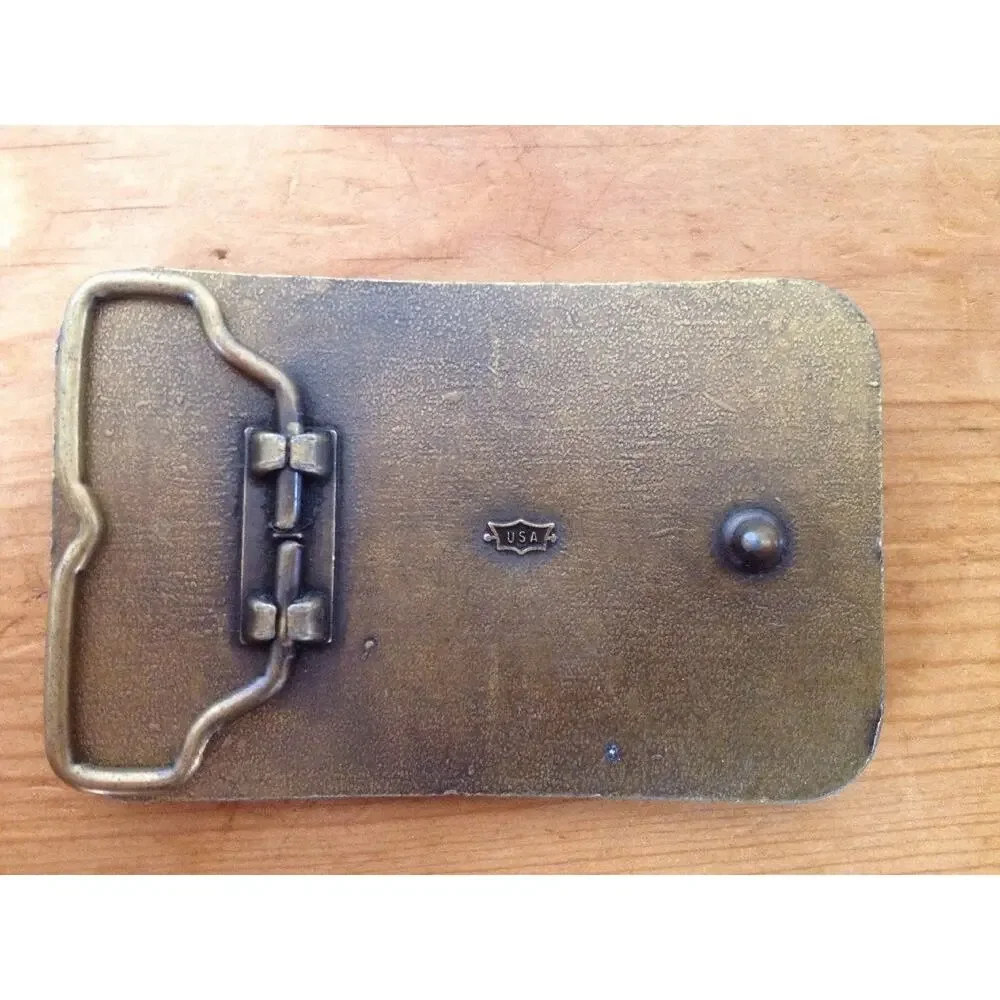 Vtg 70s Makita Power Tools Logo Solid Brass Chunky Belt Buckle USA Made 3.25
